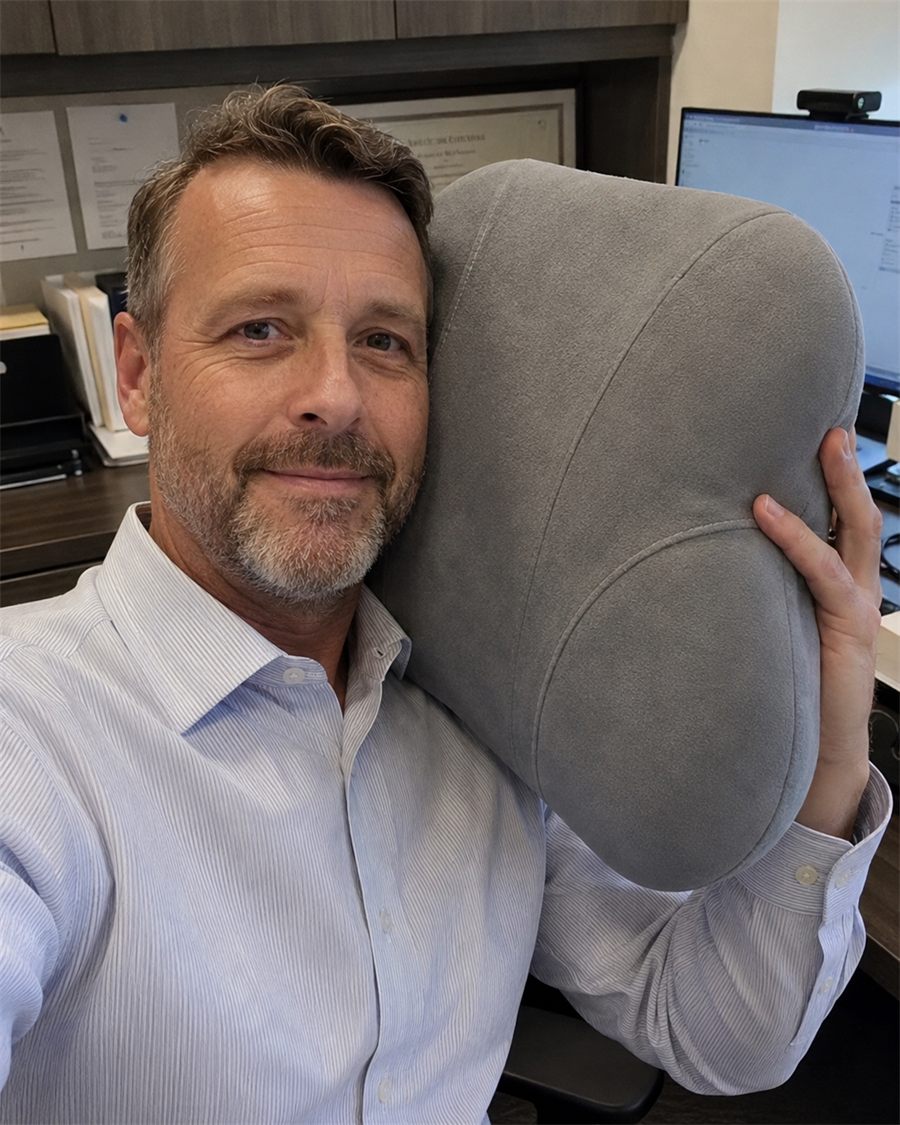Office worker holding BackMod lumbar cushion at desk