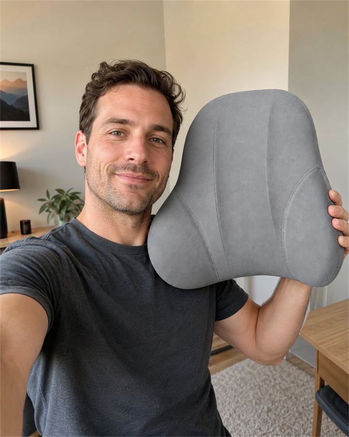 Ben T., 31, product designer holding the BackMod lumbar piece