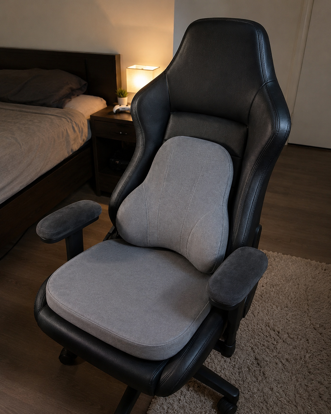 BackMod kit installed on a standard mesh office chair — lumbar, seat, and armrest pads in place