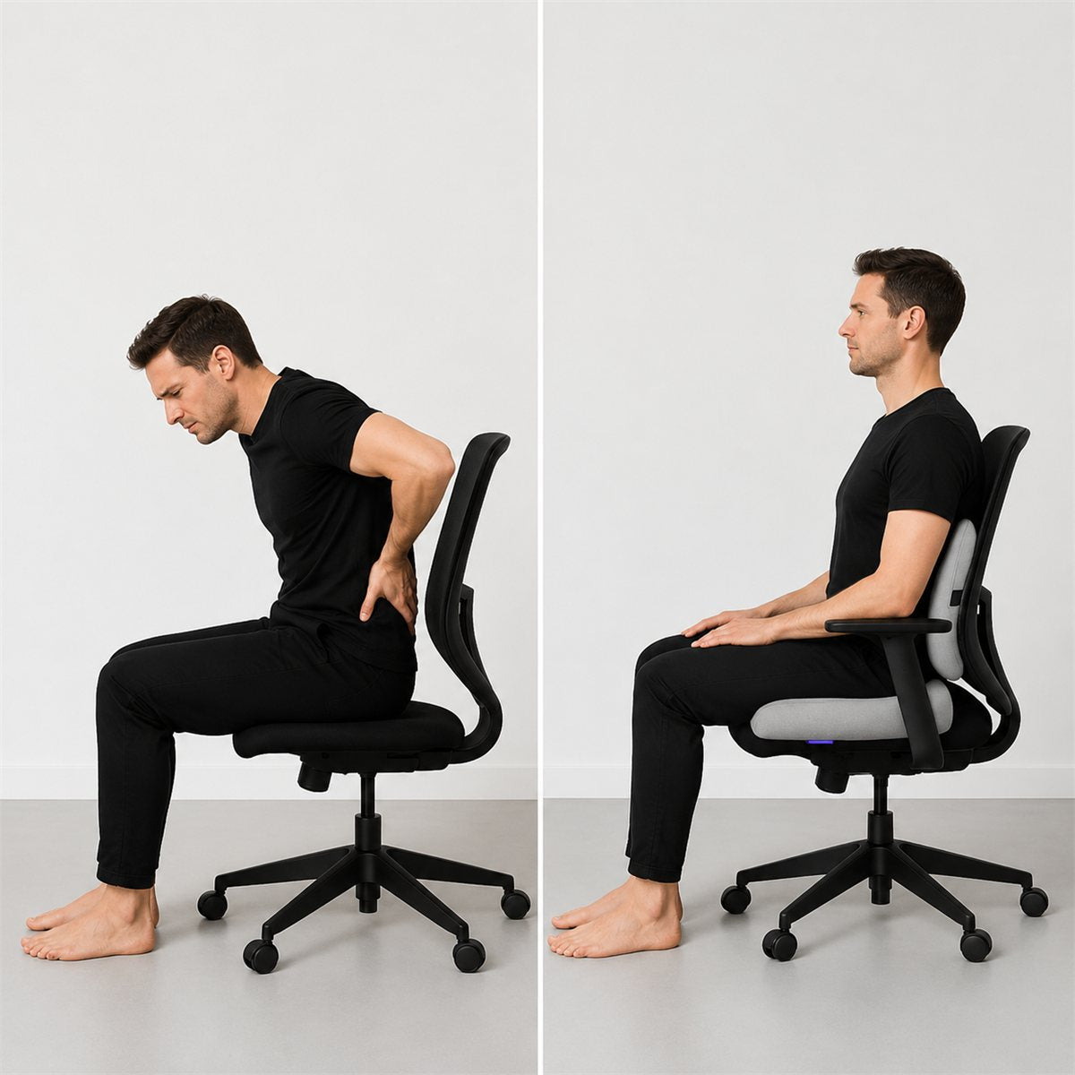 Office worker sitting slumped versus sitting upright with lumbar support