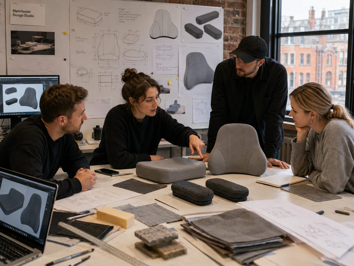 Manchester design studio team reviewing BackMod prototypes and CAD designs