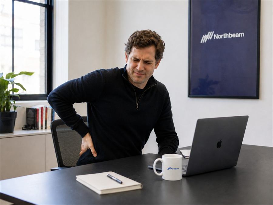 Founder at desk mid-afternoon holding lower back
