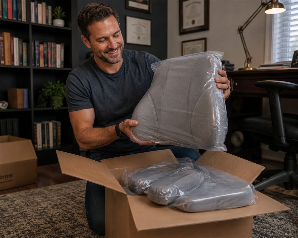 Founder unboxing BackMod kit pieces wrapped in plastic